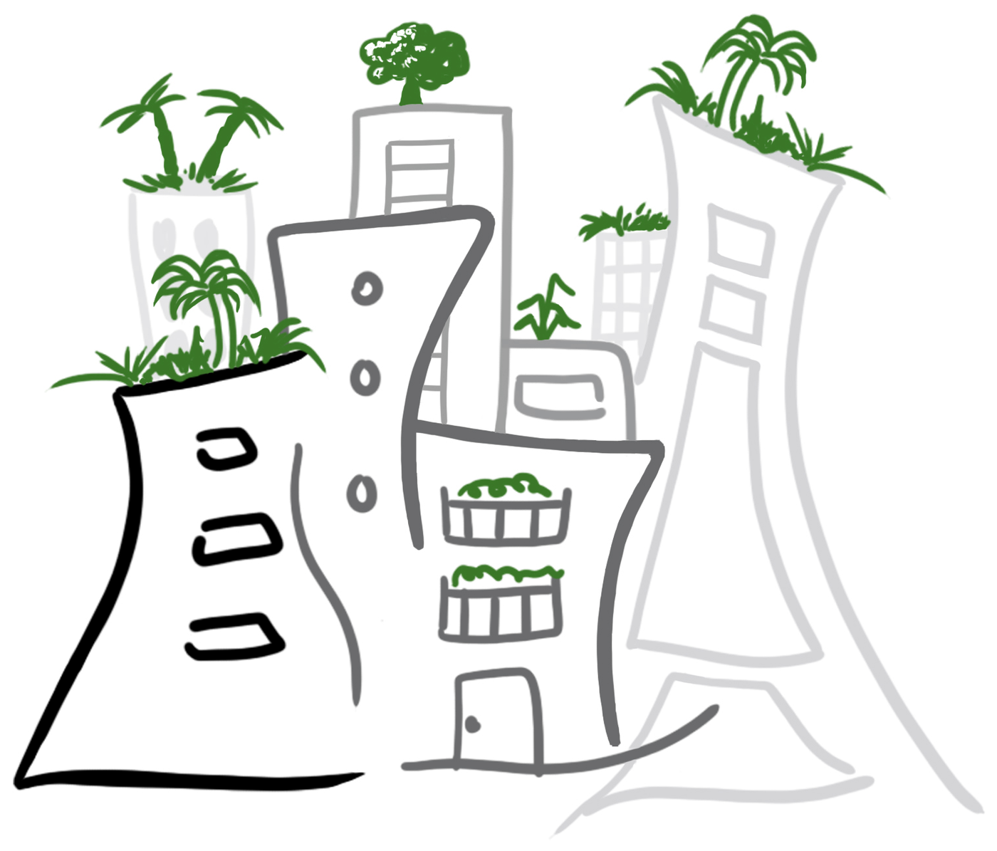 Ilustración de edificios con plantas y palmeras en las azoteas
